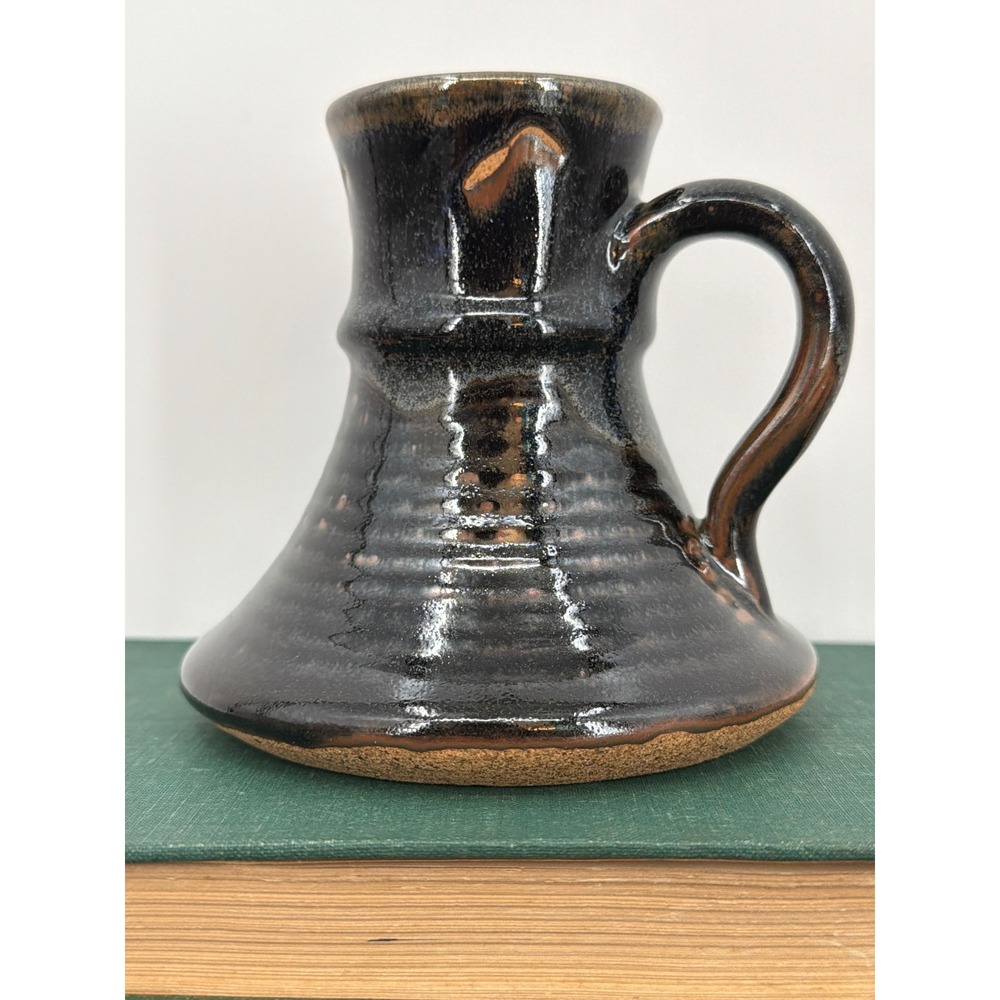 Vintage Studio Pottery Wide Base No Tip Nautical Travel Mug Tenmoku Glaze Black